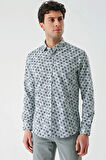 Su Yeşili Uzun Kollu Baskılı Garnili Pamuklu Casual Slim Fit Dar Kesim Gömlek 1004240211
