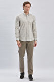 Bej Uzun Kollu Baskılı Biritli Yaka Cepsiz Pamuklu Klasik Slim Fit Dar Kesim Gömlek 1004240213