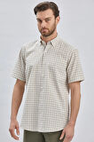 Bej Kısa Kollu Ekoseli Cepli Garnili Pamuklu Klasik Comfort Fit Rahat Kesim Gömlek 1004240221