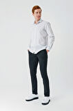 Beyaz Uzun Kollu Çizgili Armürlü Cepsiz Pamuklu Klasik Slim Fit Dar Kesim Gömlek 1004240229
