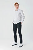 Beyaz Uzun Kollu Çizgili Armürlü Cepsiz Pamuklu Klasik Slim Fit Dar Kesim Gömlek 1004240229