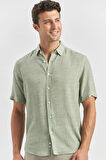 Koyu Yeşil Kısa Kollu Düğmeli Yaka Biyeli Keten Casual Slim Fit Dar Kesim Gömlek 1004240242