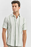 Koyu Yeşil Kısa Kollu Çizgili Armürlü Pamuklu Casual Slim Fit Dar Kesim Gömlek 1004240243