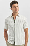 Koyu Haki Kısa Kollu Çizgili Armürlü Garnili Pamuklu Casual Slim Fit Dar Kesim Gömlek 1004240244
