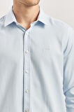 Koyu Mavi Uzun Kol Kendinden Desenli Armürlü 032 Sert Yaka Casual Slim Fit Gömlek 1004240249