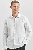 Beyaz Uzun Kol Kendinden Desenli Armürlü 032 Sert Yaka Casual Slim Fit Gömlek 1004240249