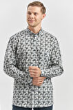 Gri Uzun Kol Kendinden Desenli BASKILI Perfectto Düğmeli Yaka Classic Comfort Fit Gömlek 1004240251