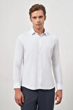 Beyaz Uzun Kol Kendinden Desenli Armürlü 032 Sert Yaka Classic Slim Fit Gömlek 1004245151