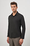 Siyah Uzun Kol Kendinden Desenli Armürlü 032 Sert Yaka Classic Slim Fit Gömlek 1004245152