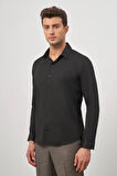 Siyah Uzun Kol Kendinden Desenli Armürlü 032 Sert Yaka Classic Slim Fit Gömlek 1004245152