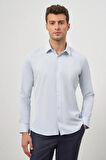 Koyu Mavi Uzun Kol Kendinden Desenli Armürlü 032 Sert Yaka Classic Slim Fit Gömlek 1004245152