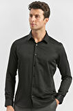 Siyah Uzun Kol Kendinden Desenli Armürlü 032 Sert Yaka Classic Slim Fit Gömlek 1004245153