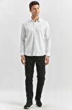 Beyaz Uzun Kol Kendinden Desenli Armürlü 032 Sert Yaka Classic Slim Fit Gömlek 1004245153