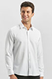 Beyaz Uzun Kol Kendinden Desenli Armürlü 032 Sert Yaka Classic Slim Fit Gömlek 1004245153