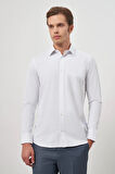 Beyaz Uzun Kol Kendinden Desenli Armürlü Sert Yaka Cepli Pamuklu Classic Comfort Fit Gömlek 1004245155