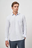 Beyaz Uzun Kol Kareli Desen Bez Ayağı Sert Yaka Cepli Pamuklu Classic Comfort Fit Gömlek 1004245159