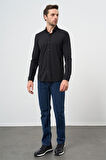 Siyah Uzun Kol Düz Örme Smart Düğmeli Yaka Classic Slim Fit Gömlek 1004245160