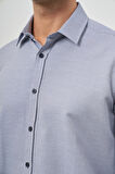 Koyu Lacivert Uzun Kol Kendinden Desenli Armürlü Sert Yaka Cepsiz Pamuklu Classic Slim Fit Gömlek 1004245161