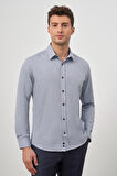 Koyu Lacivert Uzun Kol Kendinden Desenli Armürlü Sert Yaka Cepsiz Pamuklu Classic Slim Fit Gömlek 1004245161