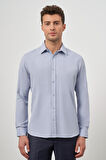 Koyu Mavi Uzun Kol Kendinden Desenli Armürlü Sert Yaka Cepsiz Pamuklu Classic Slim Fit Gömlek 1004245161