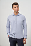 Koyu Mavi Uzun Kol Kendinden Desenli Armürlü Sert Yaka Cepsiz Pamuklu Classic Slim Fit Gömlek 1004245161