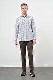 Koyu Mavi Uzun Kol Ekose Desen Gabardin Sert Yaka Cepsiz Pamuklu Classic Comfort Fit Gömlek 1004245165