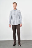Koyu Mavi Uzun Kol Ekose Desen Gabardin Sert Yaka Cepsiz Pamuklu Classic Comfort Fit Gömlek 1004245165