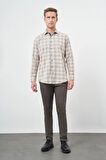 Turuncu Uzun Kol Ekose Desen Gabardin Sert Yaka Cepsiz Pamuklu Classic Comfort Fit Gömlek 1004245165