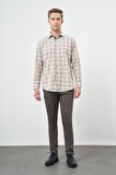 Turuncu Uzun Kol Ekose Desen Gabardin Sert Yaka Cepsiz Pamuklu Classic Comfort Fit Gömlek 1004245165