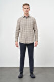 Camel Uzun Kol Ekose Desen Gabardin Sert Yaka Cepsiz Pamuklu Classic Comfort Fit Gömlek 1004245165