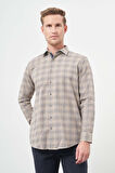 Camel Uzun Kol Ekose Desen Gabardin Sert Yaka Cepsiz Pamuklu Classic Comfort Fit Gömlek 1004245165