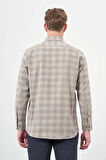 Camel Uzun Kol Ekose Desen Gabardin Sert Yaka Cepsiz Pamuklu Classic Comfort Fit Gömlek 1004245165