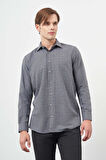 Koyu Lacivert Uzun Kol Kareli Desen Gabardin Sert Yaka Cepsiz Pamuklu Classic Comfort Fit Gömlek 1004245166