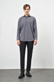 Koyu Lacivert Uzun Kol Kareli Desen Gabardin Sert Yaka Cepsiz Pamuklu Classic Comfort Fit Gömlek 1004245166
