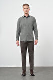 Koyu Haki Uzun Kol Kareli Desen Gabardin Sert Yaka Cepsiz Pamuklu Classic Comfort Fit Gömlek 1004245166