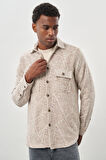 Bej Uzun Kol Kendinden Desenli Gabardin Sert Yaka Kapaklı Cep Pamuklu Classic Comfort Fit Gömlek 1004245167