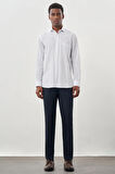 Beyaz Uzun Kol Çizgili Desen Gabardin Yarım İtalyan Yaka Cepli Pamuklu Classic Comfort Fit Gömlek 1004245185