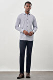 Beyaz Uzun Kol Kareli Desen Gabardin Yarım İtalyan Yaka Cepli Pamuklu Classic Comfort Fit Gömlek 1004245201