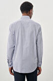Beyaz Uzun Kol Kareli Desen Gabardin Yarım İtalyan Yaka Cepli Pamuklu Classic Comfort Fit Gömlek 1004245201