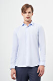 Koyu Mavi Uzun Kol Kendinden Desenli Armürlü Sert Yaka Cepsiz Pamuklu Classic Slim Fit Gömlek 1004245202