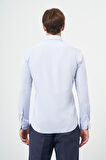 Koyu Mavi Uzun Kol Kendinden Desenli Armürlü Sert Yaka Cepsiz Pamuklu Classic Slim Fit Gömlek 1004245202