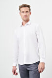 Beyaz Uzun Kol Kendinden Desenli Armürlü Sert Yaka Cepsiz Pamuklu Classic Slim Fit Gömlek 1004245202