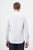 Beyaz Uzun Kol Çizgili Desen Gabardin Sert Yaka Cepsiz Pamuklu Classic Slim Fit Gömlek 1004245205