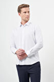 Beyaz Uzun Kol Çizgili Desen Gabardin Sert Yaka Cepsiz Pamuklu Classic Slim Fit Gömlek 1004245205