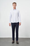 Beyaz Uzun Kol Çizgili Desen Oxford Sert Yaka Cepsiz Pamuklu Classic Slim Fit Gömlek 1004245206