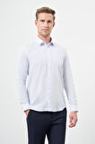 Beyaz Uzun Kol Çizgili Desen Oxford Sert Yaka Cepsiz Pamuklu Classic Slim Fit Gömlek 1004245206