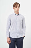 Beyaz Uzun Kol Çizgili Desen Gabardin Sert Yaka Cepsiz Pamuklu Classic Slim Fit Gömlek 1004245207