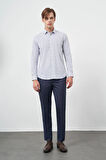 Beyaz Uzun Kol Çizgili Desen Gabardin Sert Yaka Cepsiz Pamuklu Classic Slim Fit Gömlek 1004245207