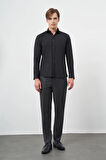 Siyah Uzun Kol Düz Bez Ayağı Yarım İtalyan Yaka Cepsiz Pamuklu Classic Slim Fit Gömlek 1004245211