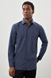 Koyu Lacivert Uzun Kol Baskılı Bez Ayağı Sert Yaka Cepli Pamuklu Classic Comfort Fit Gömlek 1004245215